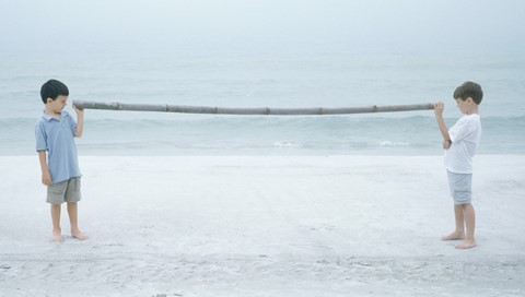 Two boys holding either end of stick, on beach